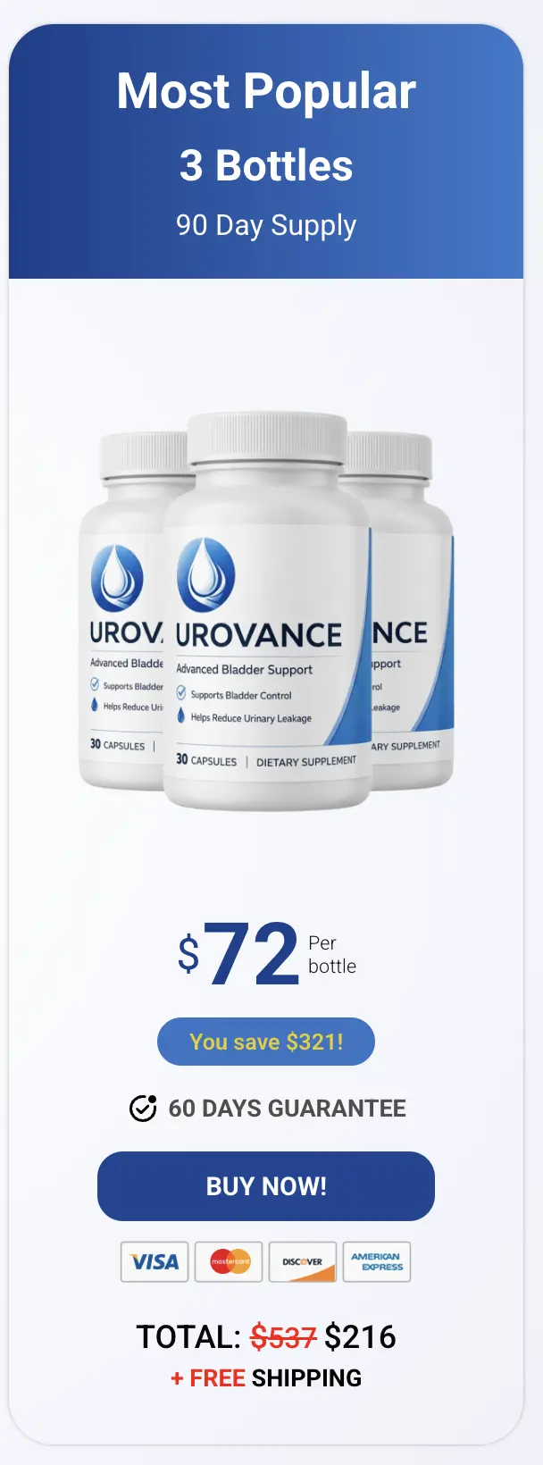 Urovance 3 bottle most popular package - 90 day supply with free US shipping