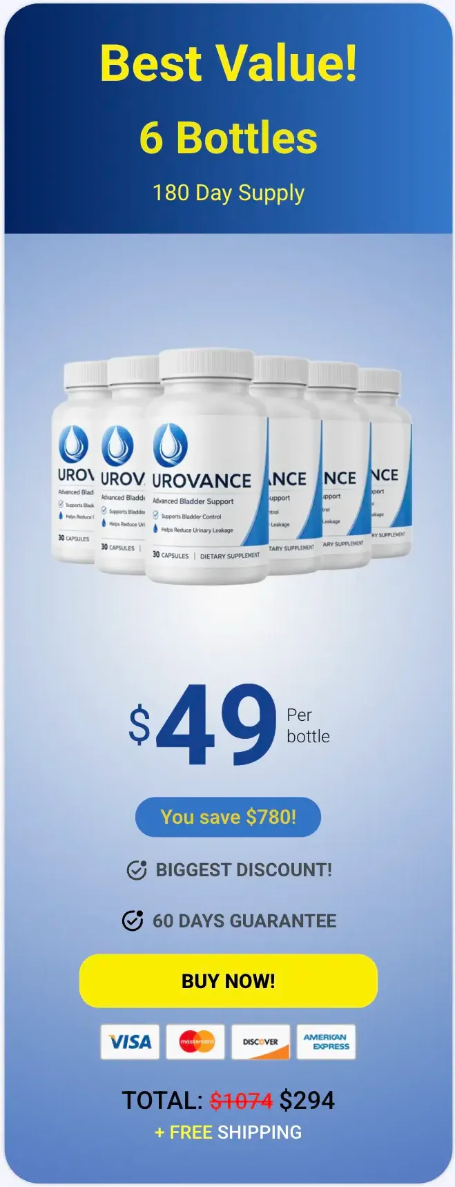 Urovance 6 bottle best value package - 180 day supply with maximum savings