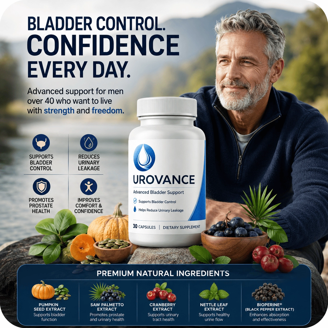 Urovance supplement label showing natural ingredients for men's bladder health